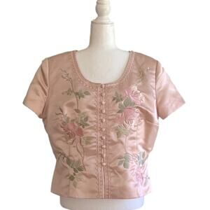 Donna Morgan Jacket Top Satin Pink Embroidered Floral Short Sleeve Formal 16